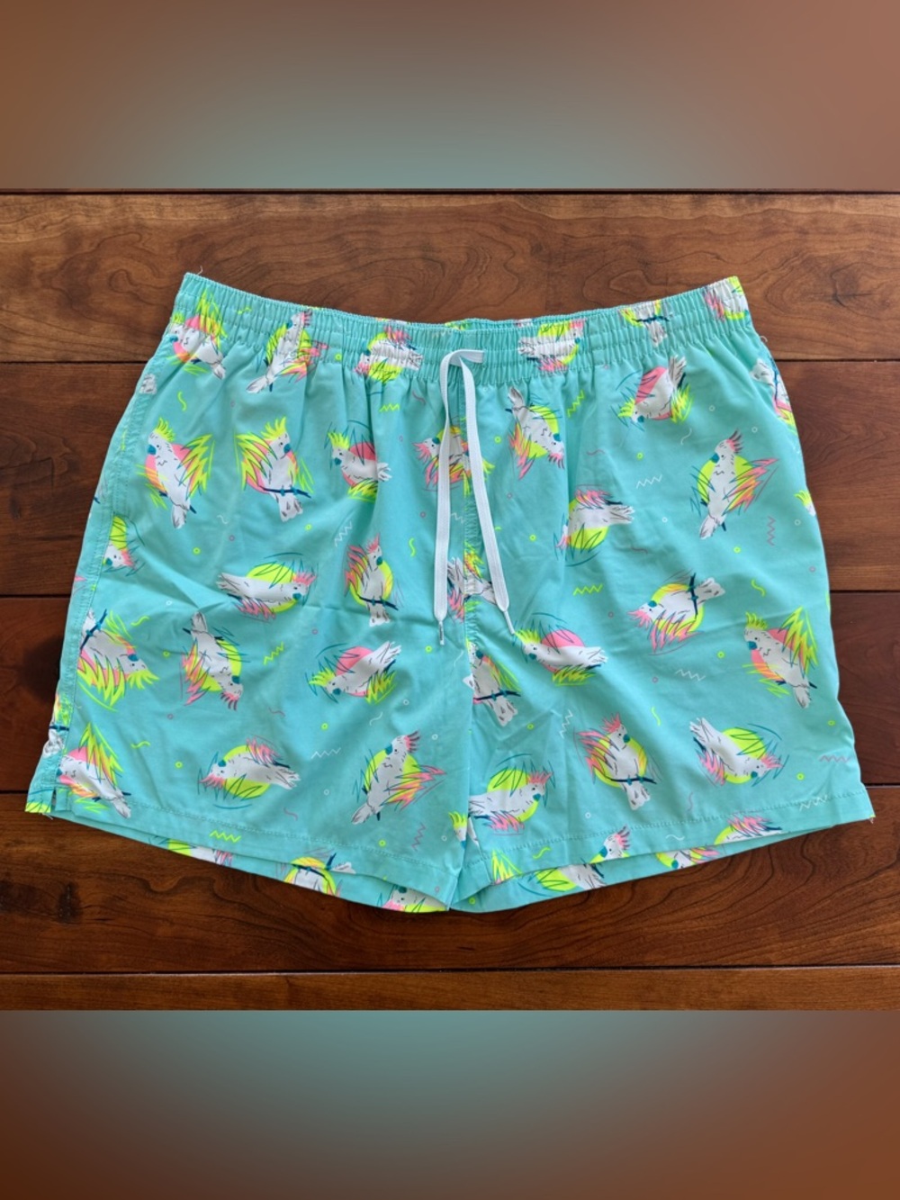 chubbies Aqua Swim Shorts with Neon Parrot Accents